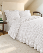 Ruffled Bubble Cotton Seersucker Duvet Cover Set in White, bedroom view