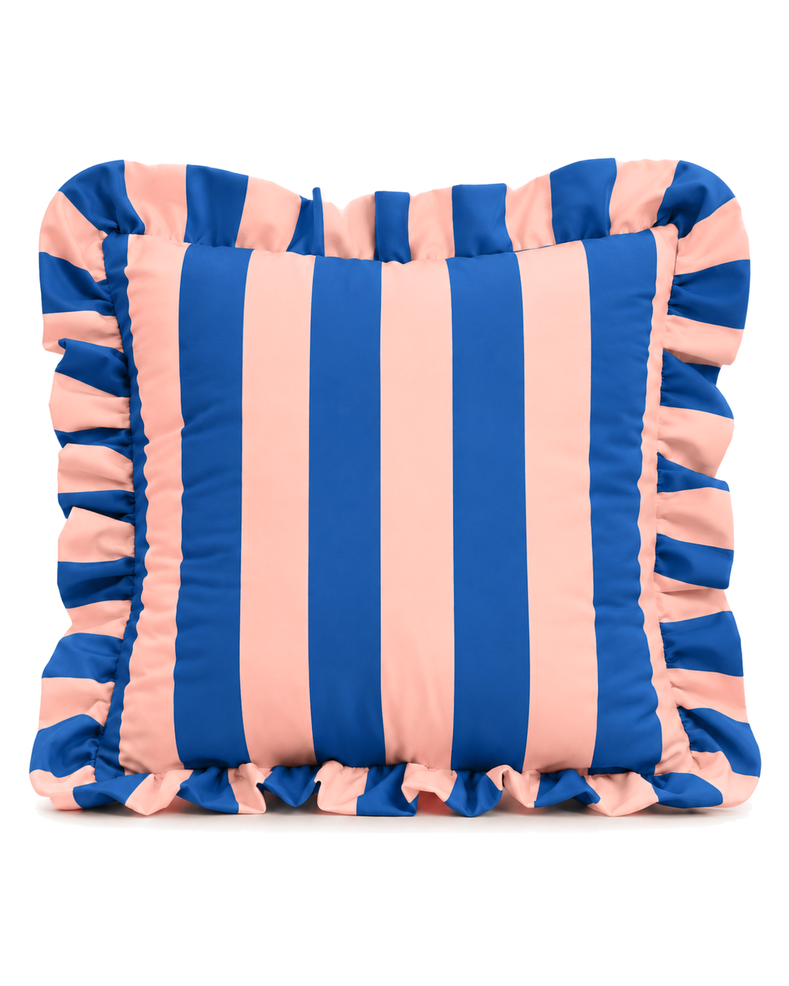 Ruffled Cabana Stripe Cotton Sateen Pillow Cover in Cobalt & Peach, front view
