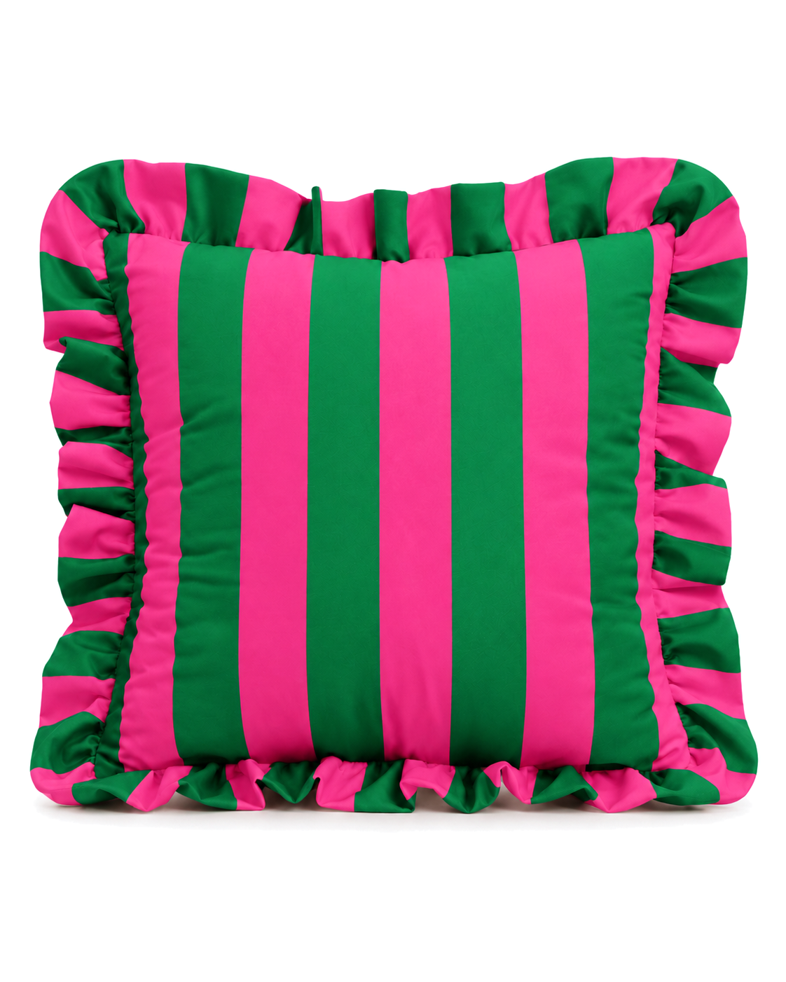 Ruffled Cabana Stripe Cotton Sateen Pillow Cover in Emerald & Fuchsia, front view