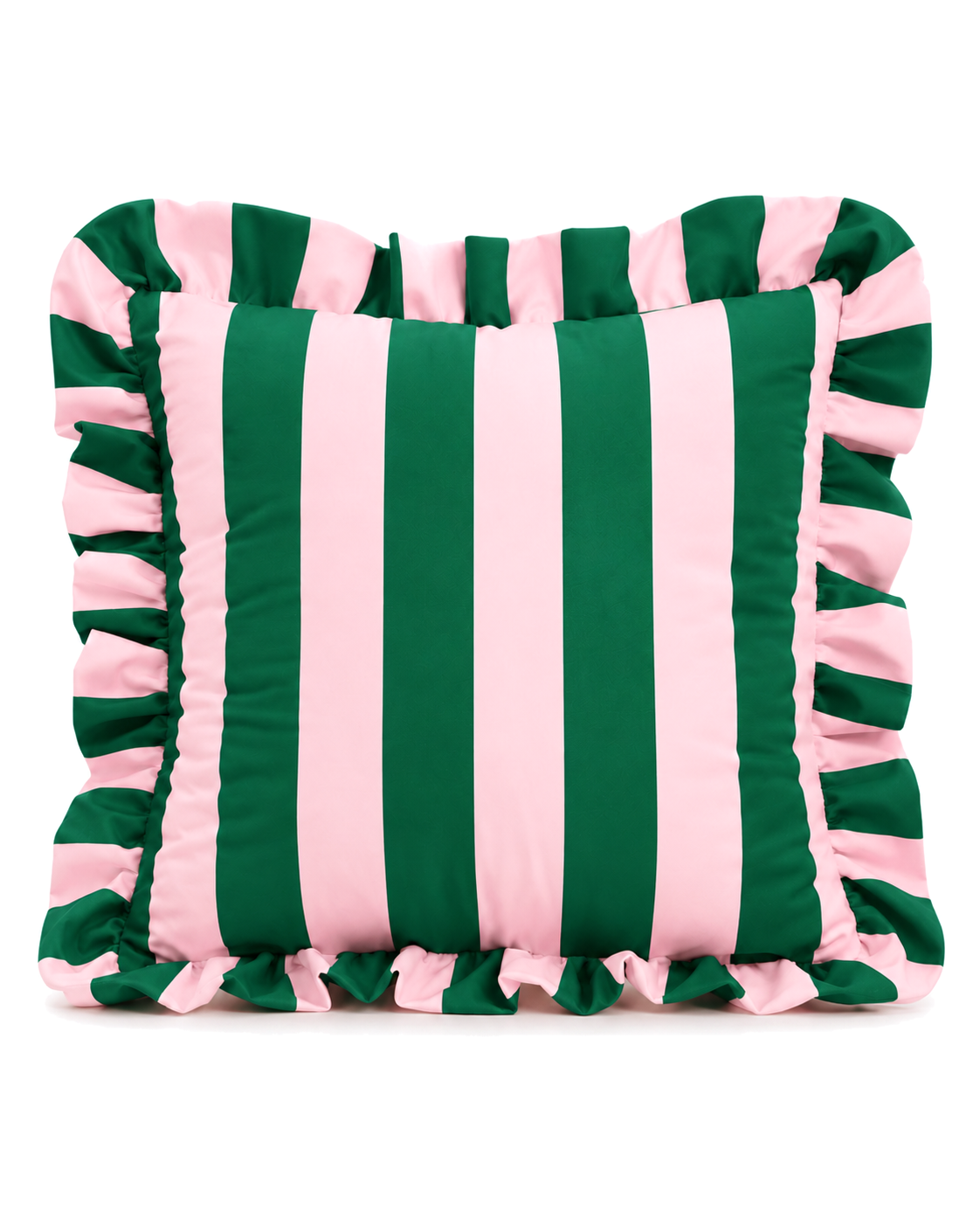 Ruffled Cabana Stripe Cotton Sateen Pillow Cover in Forest & Pink, front view