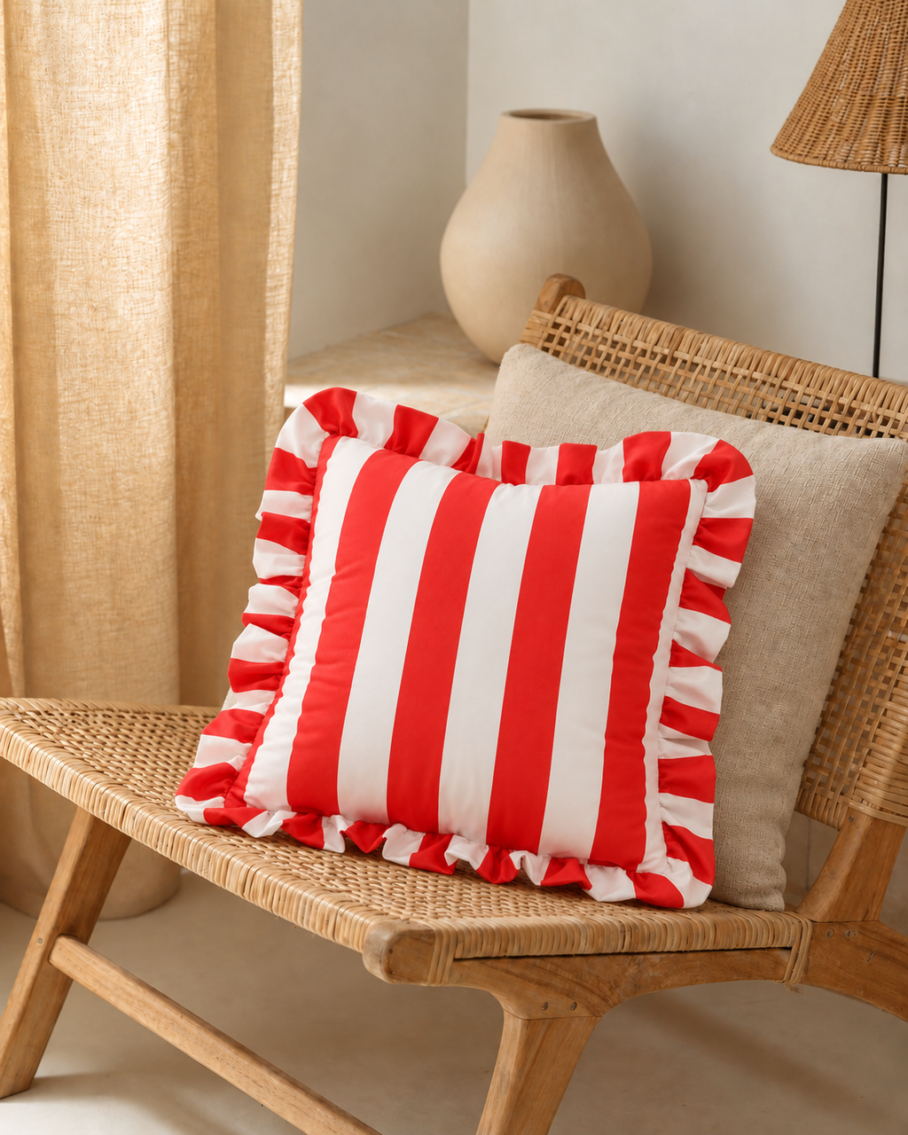 Ruffled Cabana Stripe Cotton Sateen Pillow Cover in Red & White, on a rattan armchair