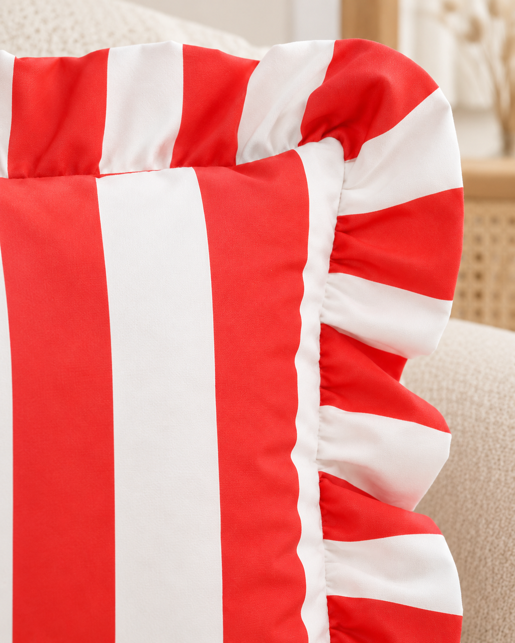 Ruffled Cabana Stripe Cotton Sateen Pillow Cover in Red & White, zipper and edge detail