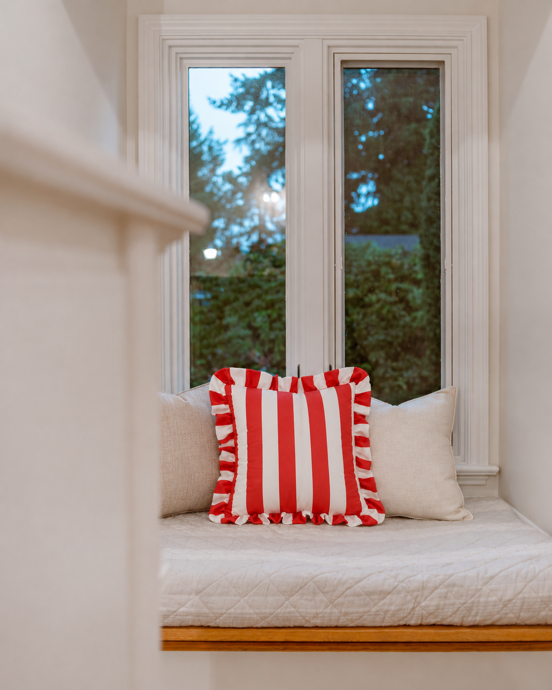 Ruffled Cabana Stripe Cotton Sateen Pillow Cover in Red & White, on a linen sofa