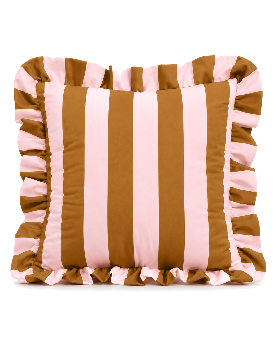 Ruffled Cabana Stripe Cotton Sateen Pillow Cover in Toffee & Pink, front view