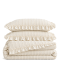 Ruffled Clip Stripe Cotton Duvet Cover Set in Ivory, folded with its shams