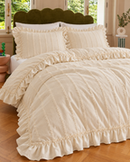 Ruffled Clip Stripe Cotton Duvet Cover Set in Ivory, made bed seen from above