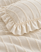 Ruffled Clip Stripe Cotton Duvet Cover Set in Ivory, sham corner and seam