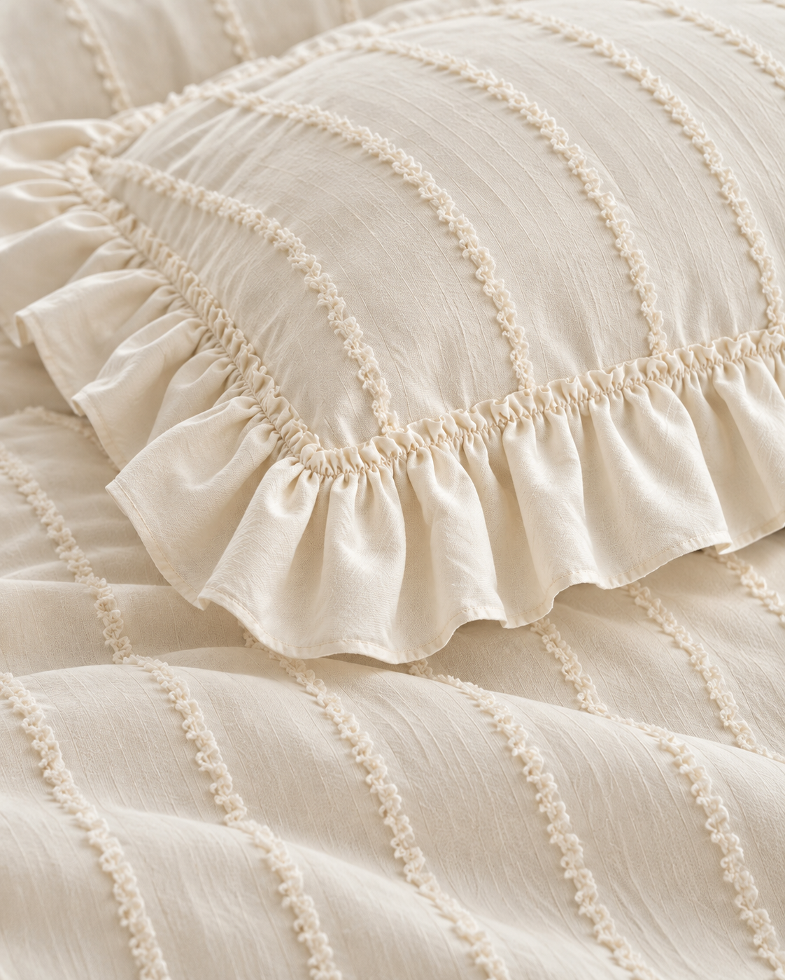 Ruffled Clip Stripe Cotton Duvet Cover Set in Ivory, sham corner and seam