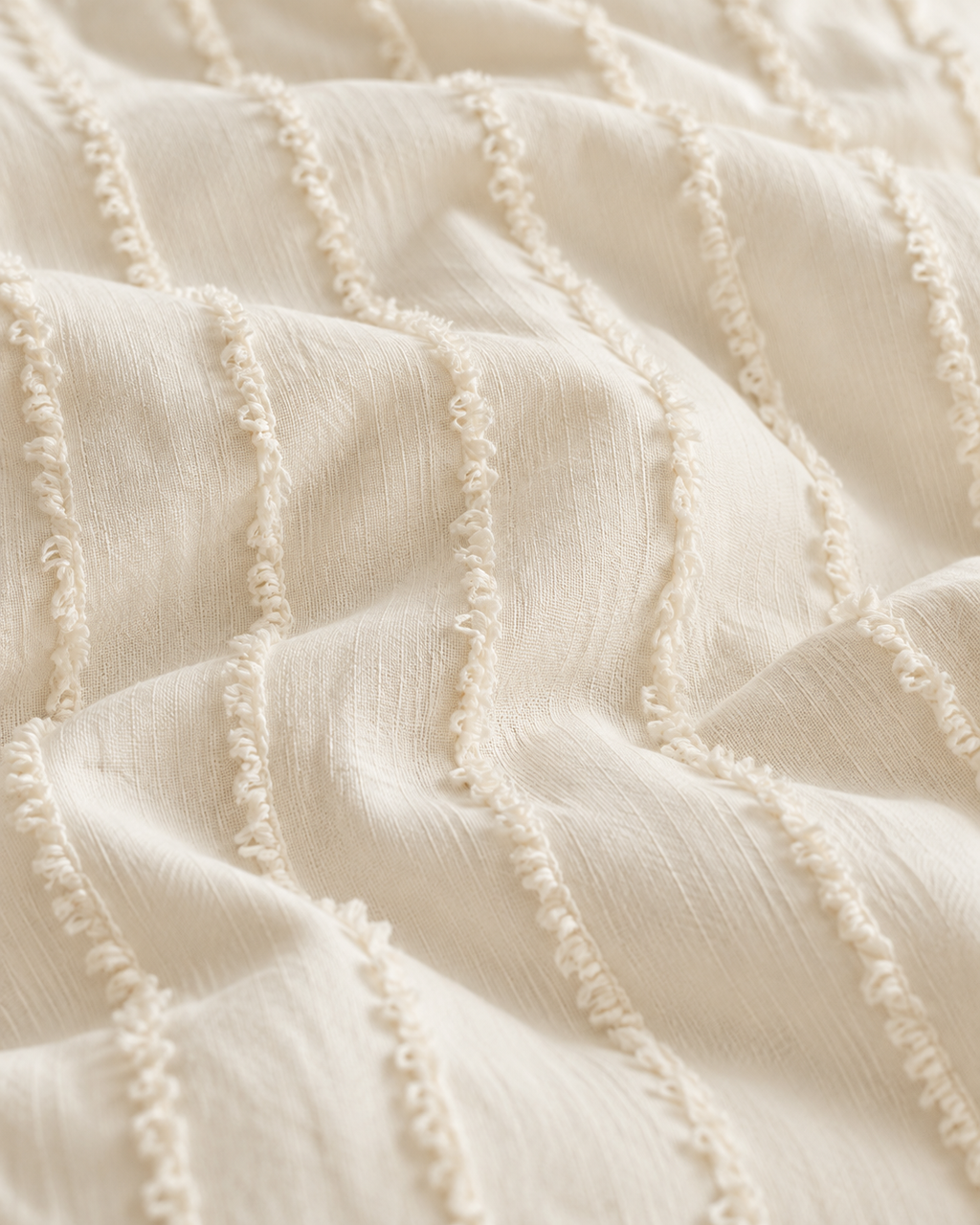 Ruffled Clip Stripe Cotton Duvet Cover Set in Ivory, fabric close-up