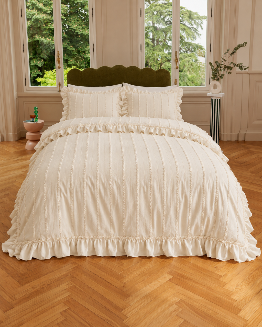 Ruffled Clip Stripe Cotton Duvet Cover Set in Ivory, bedroom view