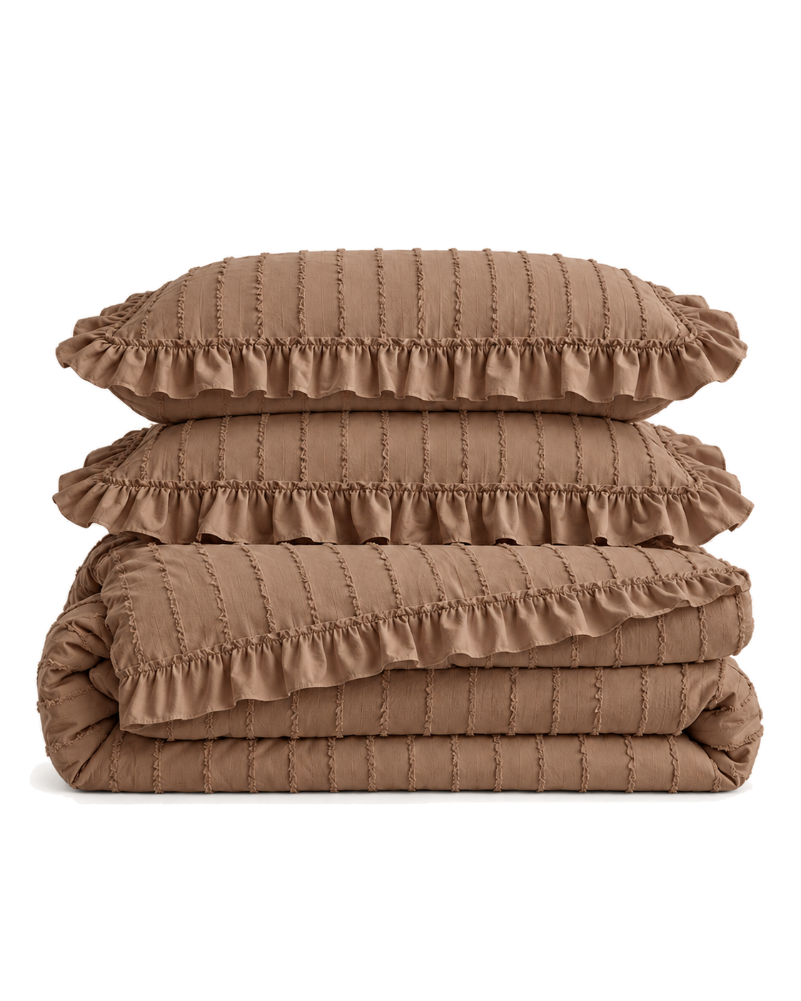 Ruffled Clip Stripe Cotton Duvet Cover Set in Taupe, folded with its shams