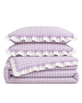 Ruffled Lilac Check Cotton Seersucker Duvet Cover Set, folded with its shams