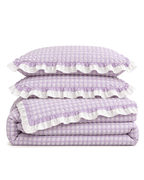 Ruffled Lilac Check Cotton Seersucker Duvet Cover Set, folded with its shams