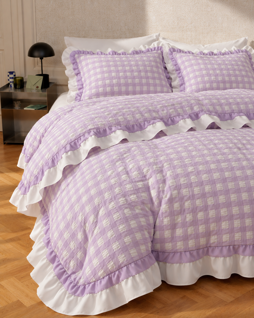 Ruffled Lilac Check Cotton Seersucker Duvet Cover Set, made bed seen from above