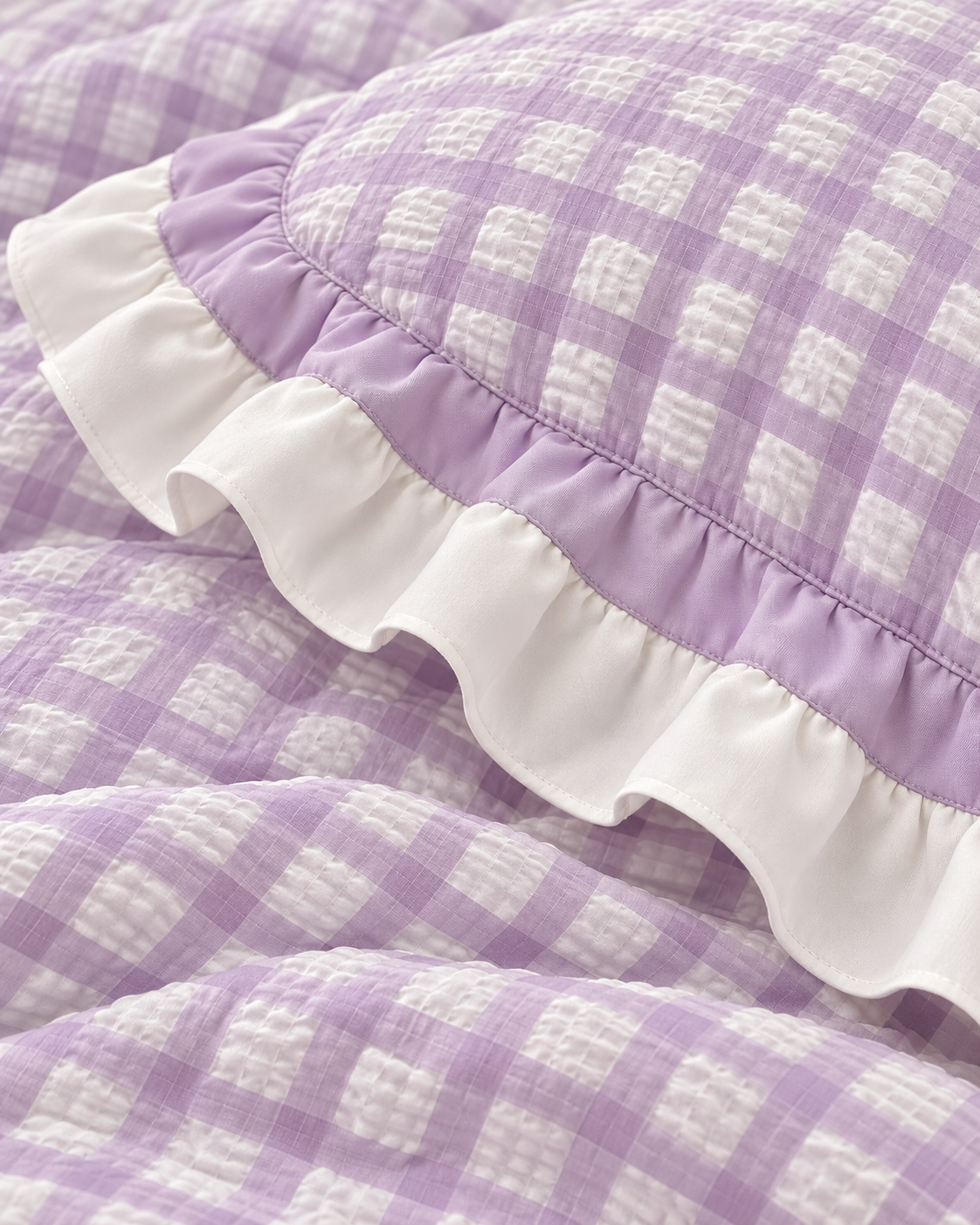 Ruffled Lilac Check Cotton Seersucker Duvet Cover Set, sham corner and seam