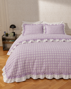Ruffled Lilac Check Cotton Seersucker Duvet Cover Set, bedroom view