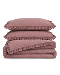 Ruffled Mauve Pinstripe Cotton Duvet Cover Set, folded with its shams