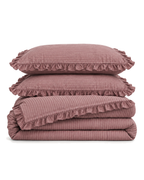 Ruffled Mauve Pinstripe Cotton Duvet Cover Set, folded with its shams