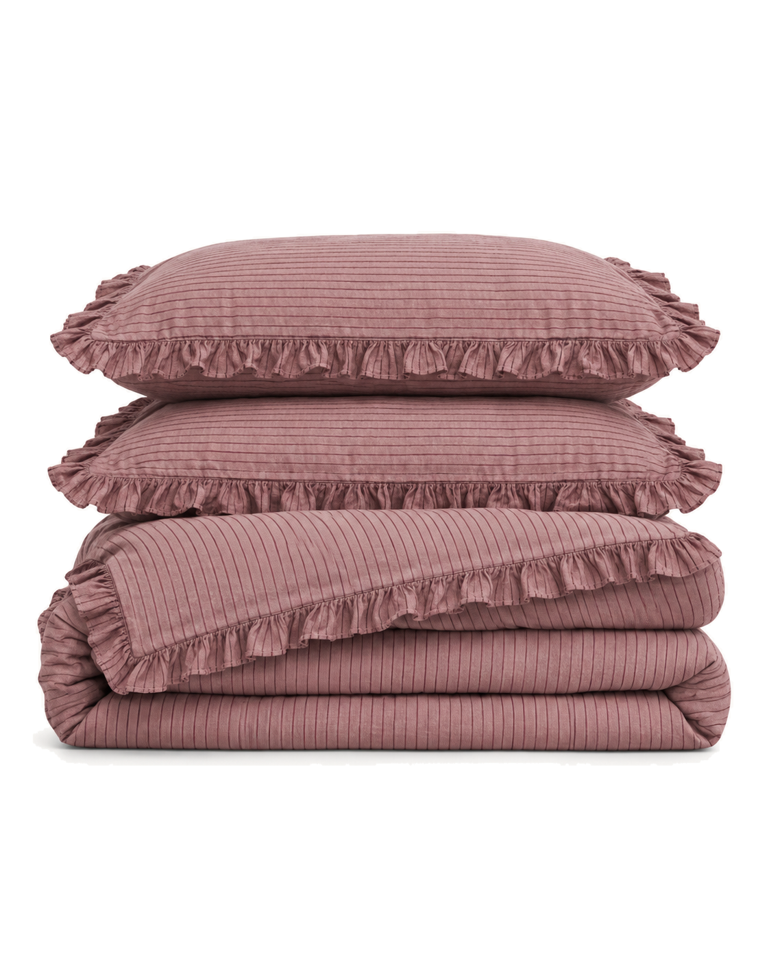 Ruffled Mauve Pinstripe Cotton Duvet Cover Set, folded with its shams