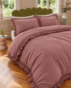 Ruffled Mauve Pinstripe Cotton Duvet Cover Set, made bed seen from above