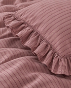 Ruffled Mauve Pinstripe Cotton Duvet Cover Set, sham corner and seam