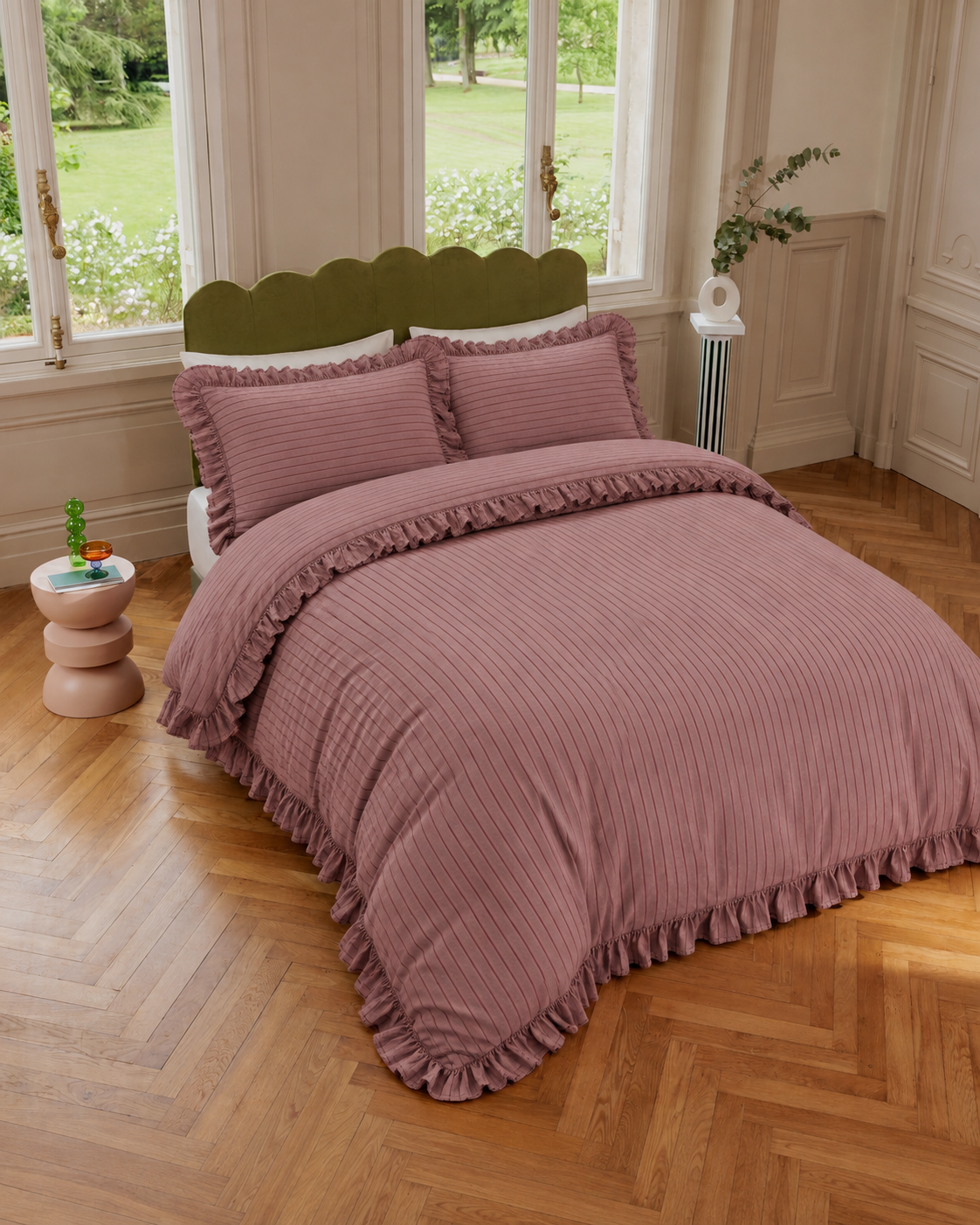 Ruffled Mauve Pinstripe Cotton Duvet Cover Set, bedroom view