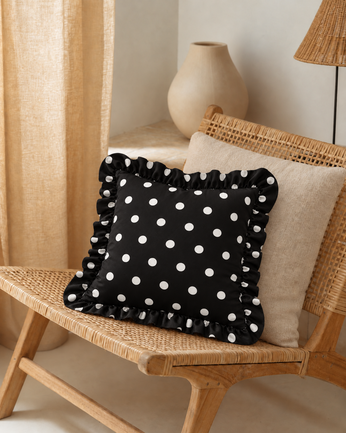 Ruffled Polka Dot Cotton Sateen Pillow Cover, on a rattan armchair