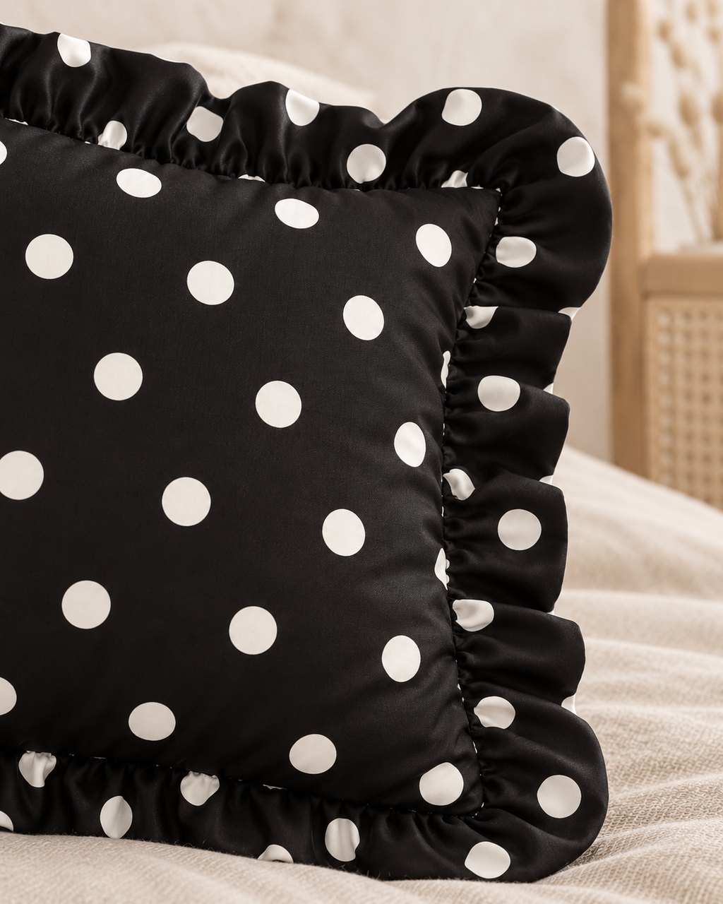 Ruffled Polka Dot Cotton Sateen Pillow Cover, zipper and edge detail
