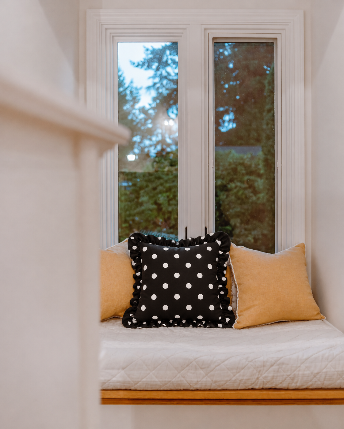 Ruffled Polka Dot Cotton Sateen Pillow Cover, on a linen sofa