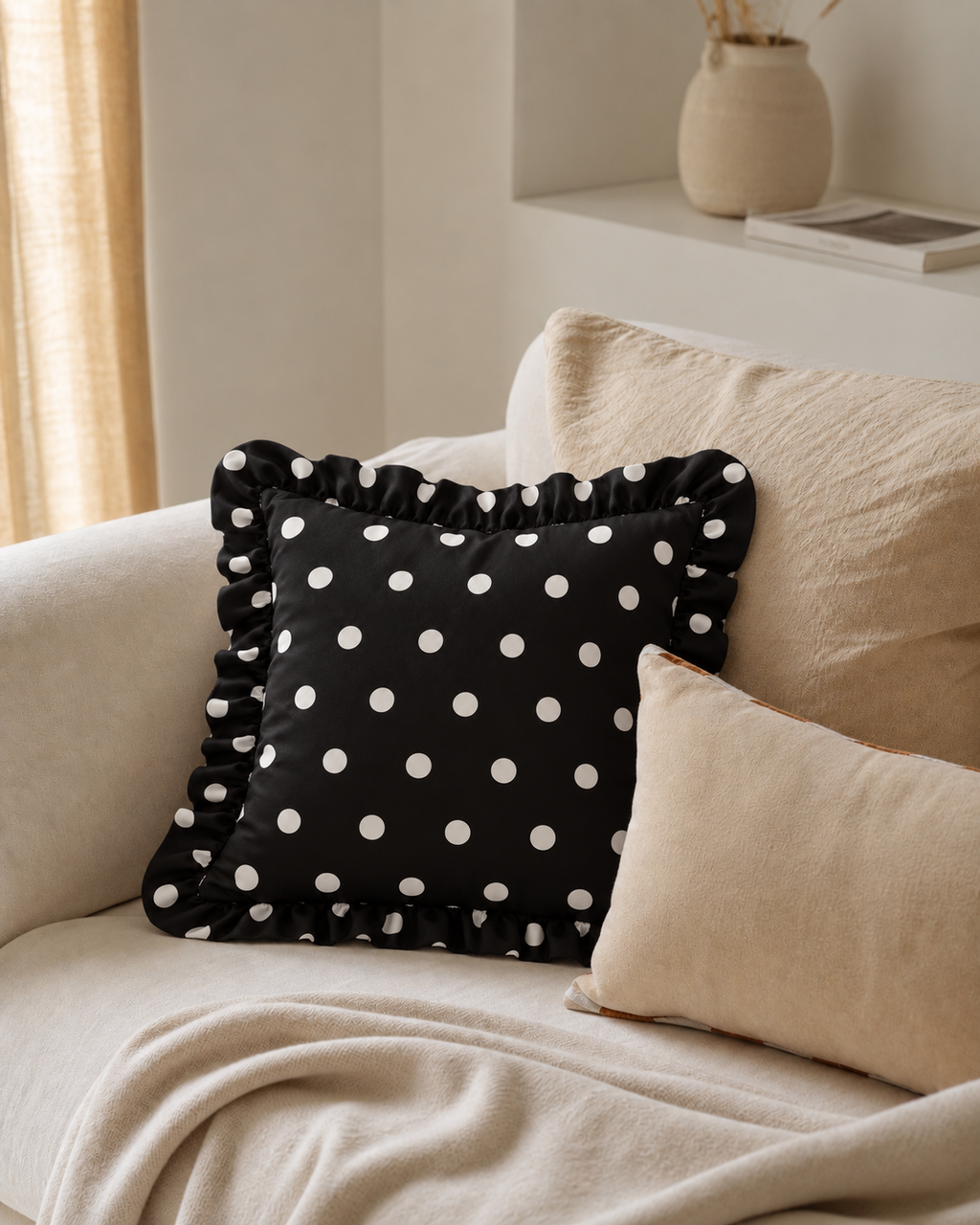 Ruffled Polka Dot Cotton Sateen Pillow Cover, on a linen sofa