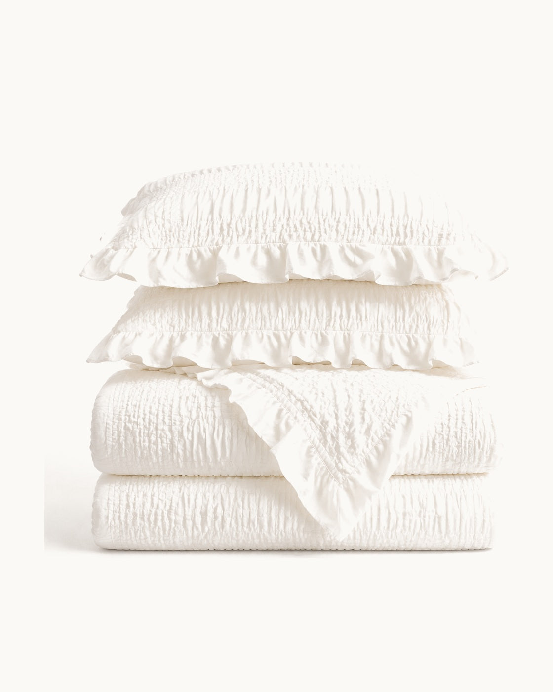Ruffled Seersucker Duvet Set — folded set on a plain background