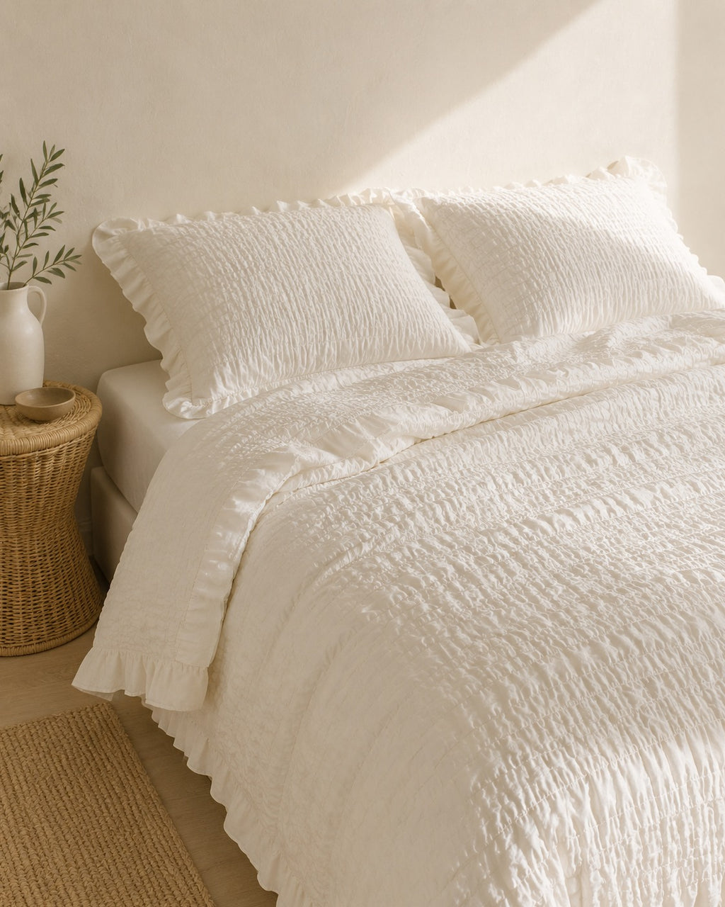 Ruffled Seersucker Duvet Set — on a made bed, morning light
