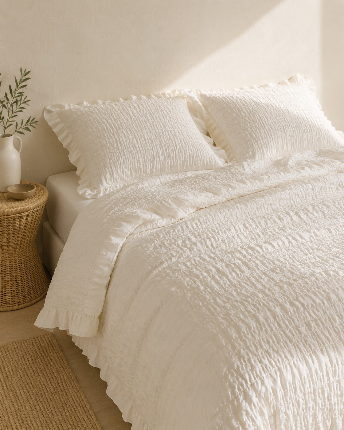 Ruffled Seersucker Duvet Set — on a made bed, morning light