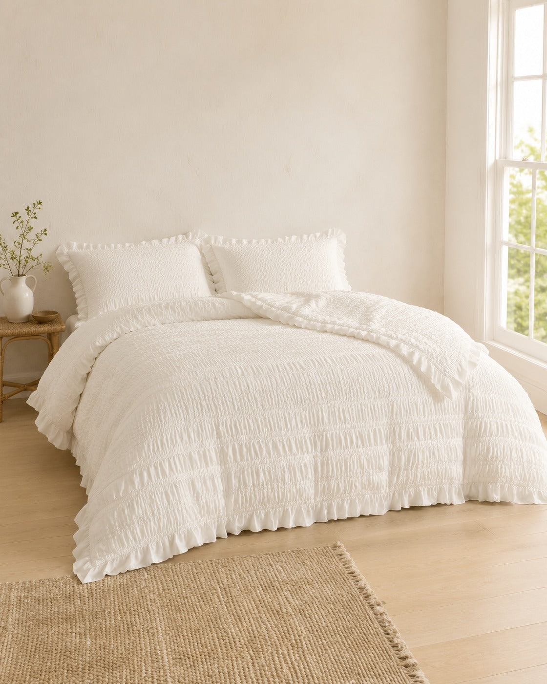 Ruffled Seersucker Duvet Set — styled bedroom