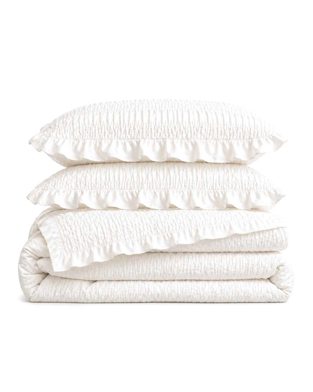 Ruffled Seersucker Duvet Set, folded set on a plain background
