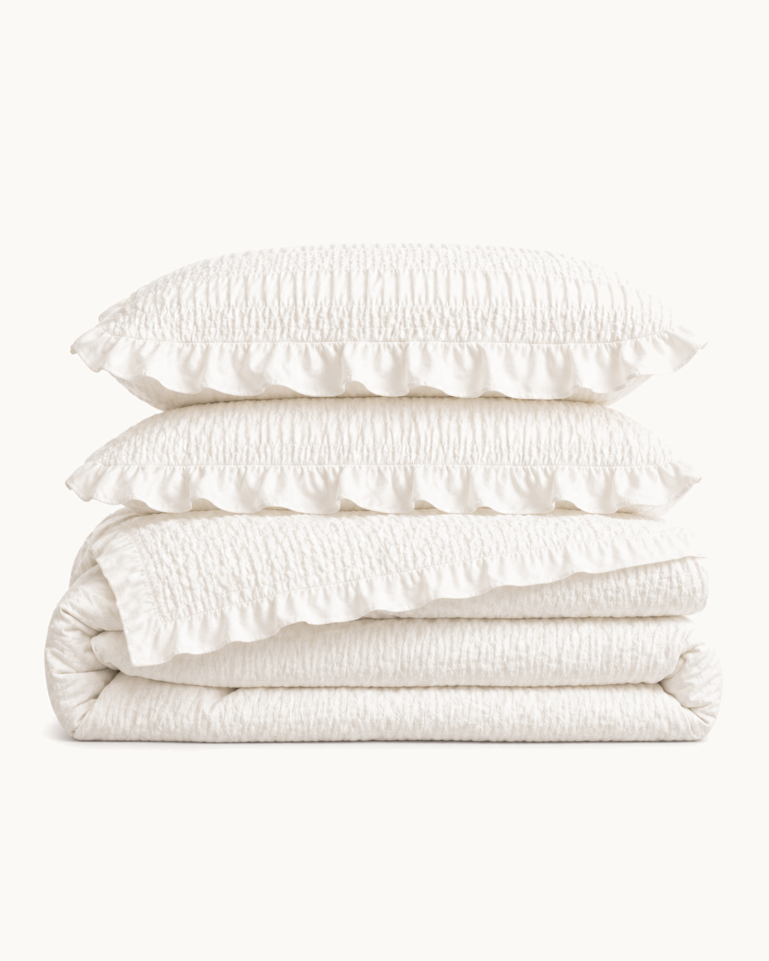 Ruffled Seersucker Duvet Set, folded set on a plain background