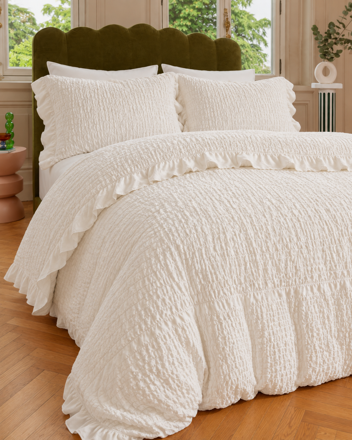 Ruffled Seersucker Duvet Set, on a made bed in morning light