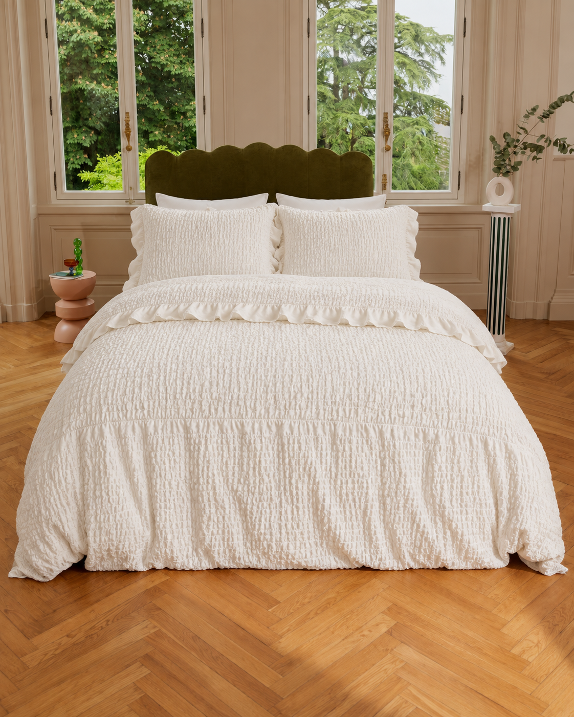 Ruffled Seersucker Duvet Set, styled bedroom