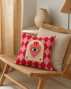Sacred Heart Cotton-Linen Pillow Cover, on a rattan armchair
