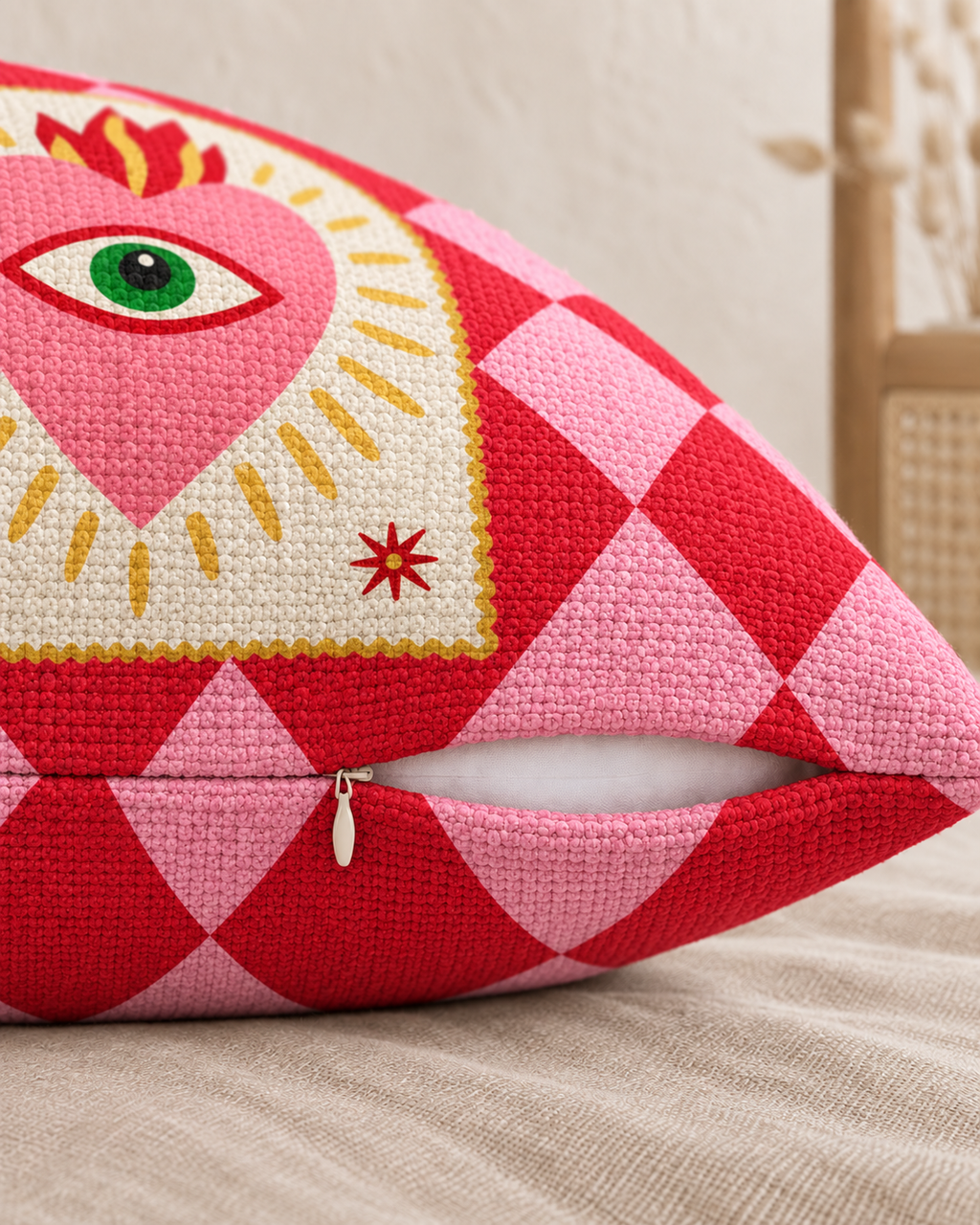 Sacred Heart Cotton-Linen Pillow Cover, zipper and edge detail