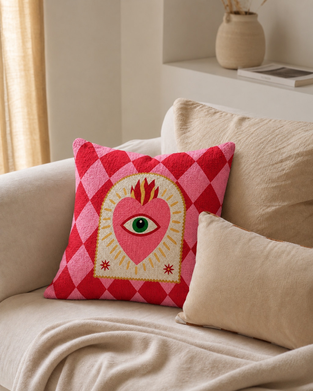 Sacred Heart Cotton-Linen Pillow Cover, on a linen sofa