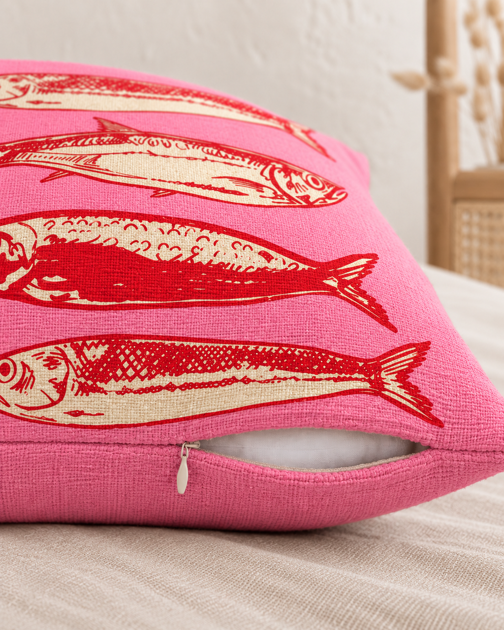 Sardine Print Cotton-Linen Pillow Cover, zipper and edge detail