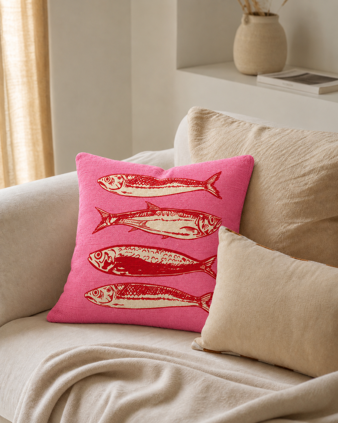 Sardine Print Cotton-Linen Pillow Cover, on a linen sofa