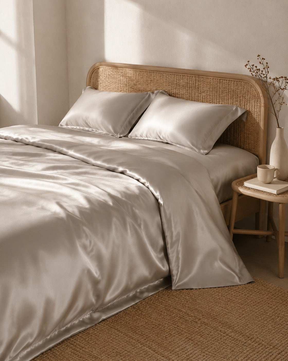 Sateen Duvet Set — on a made bed, morning light