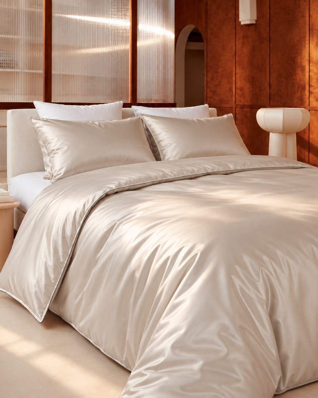 Sateen Duvet Set, on a made bed in morning light