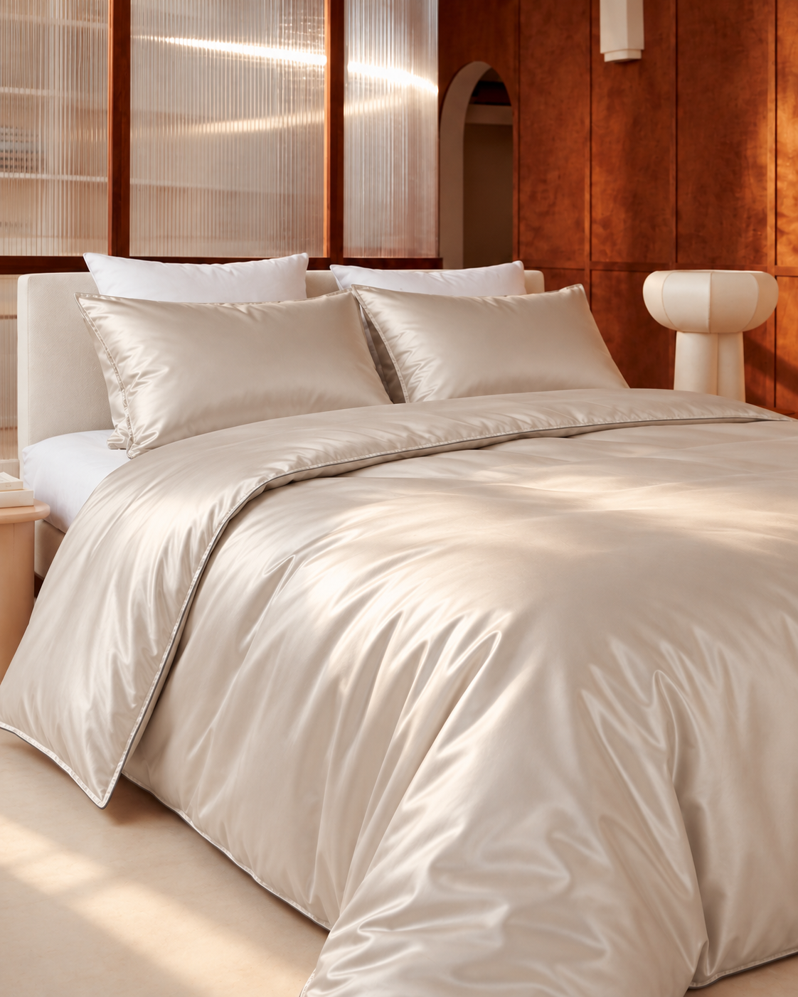 Sateen Duvet Set, on a made bed in morning light