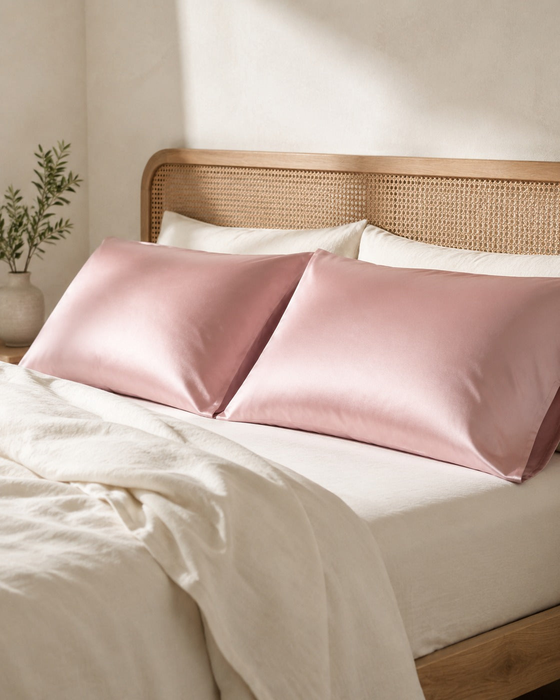 Sateen Pillowcases, Set of 2 — on a made bed, morning light