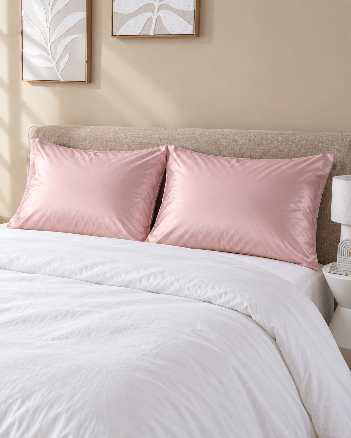 Sateen Pillowcases, Set of 2, on a made bed in morning light