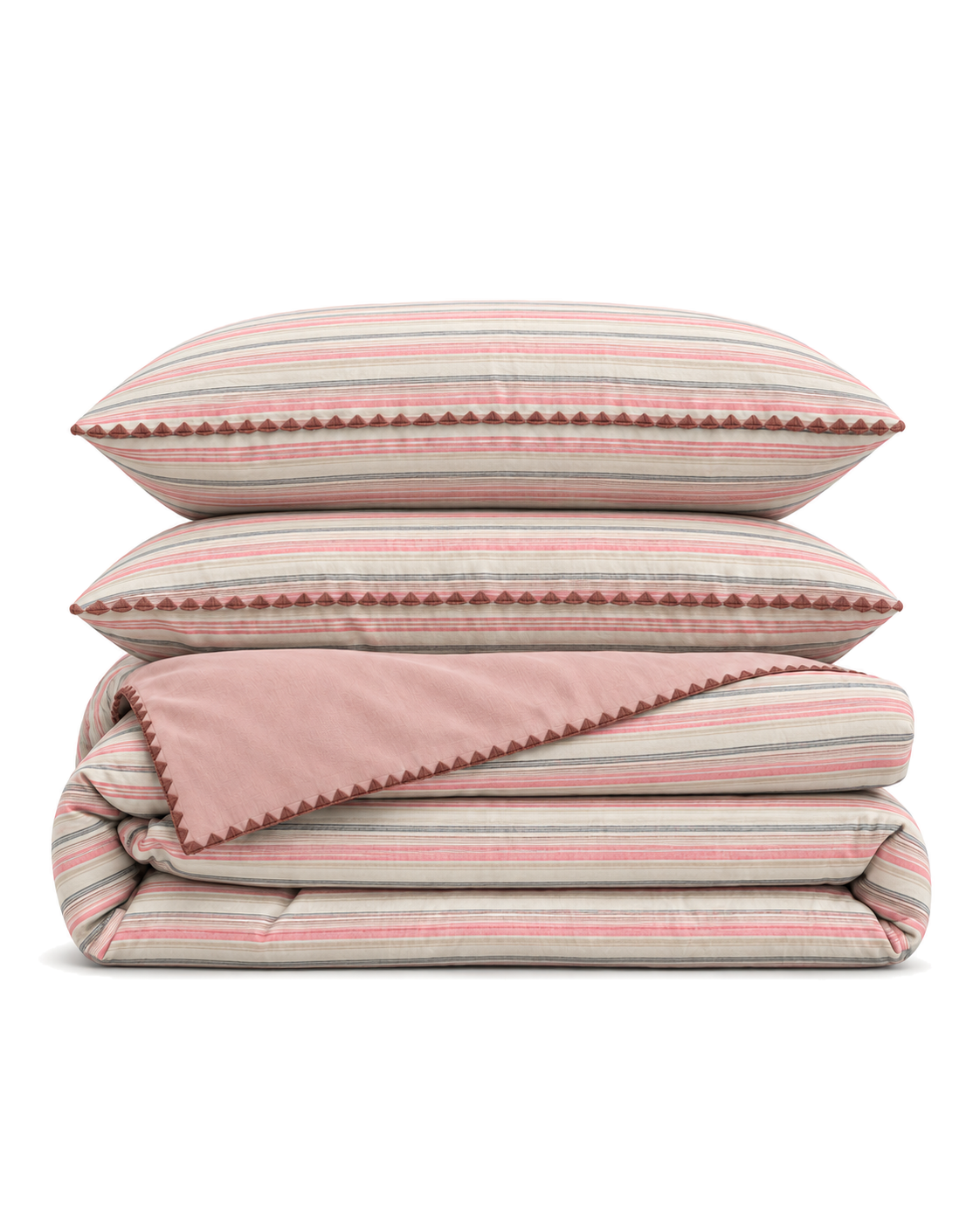 Shell Stitch Stripe Washed Cotton Duvet Cover Set in Dusty Rose, folded with its shams