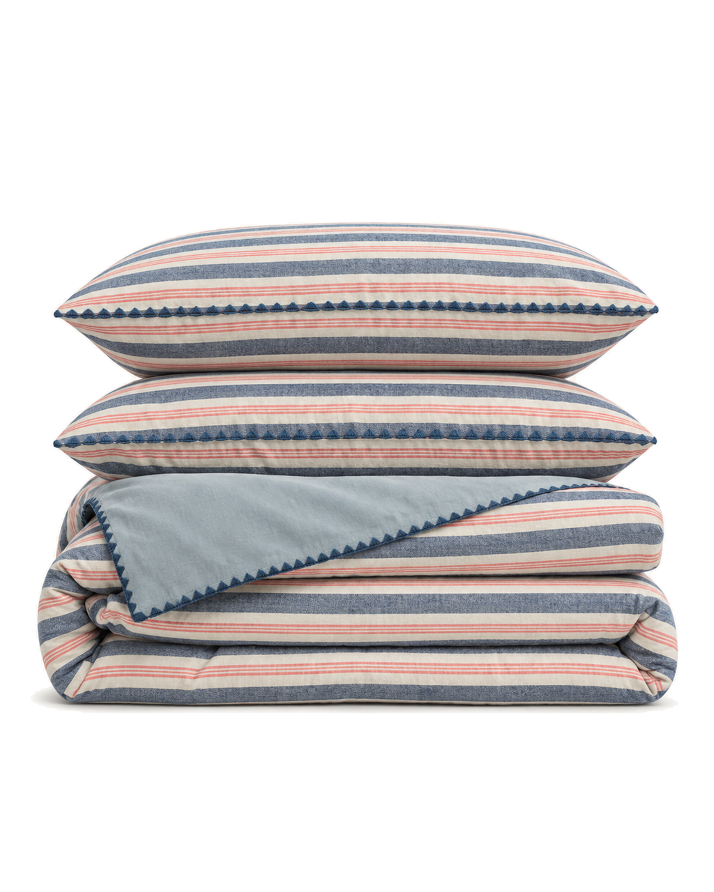 Shell Stitch Stripe Washed Cotton Duvet Cover Set in Mist Blue, folded with its shams